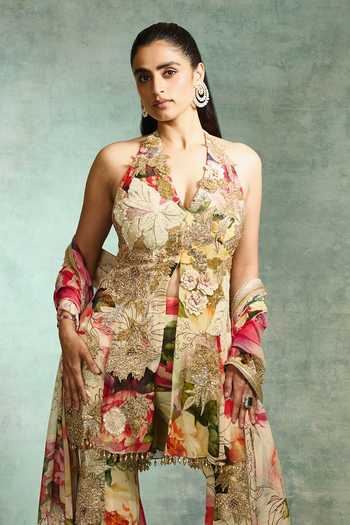 Buy Varun Bahl Gold Georgette Halter Neck Tropical Bloom Print Sharara Set Online at Aza Fashions Buy_Varun Bahl_Gold Georgette Halter Neck Tropical Bloom Print Sharara Set _Online_at_Aza_Fashions