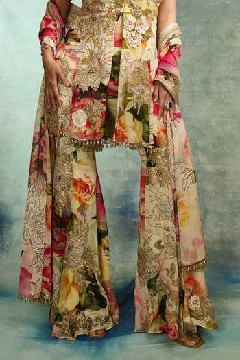 Shop Varun Bahl Gold Georgette Halter Neck Tropical Bloom Print Sharara Set Online at Aza Fashions Shop_Varun Bahl_Gold Georgette Halter Neck Tropical Bloom Print Sharara Set _Online_at_Aza_Fashions