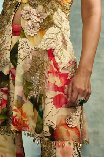 Varun Bahl Gold Georgette Halter Neck Tropical Bloom Print Sharara Set at Aza Fashions Varun Bahl_Gold Georgette Halter Neck Tropical Bloom Print Sharara Set _at_Aza_Fashions