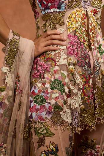 Shop Varun Bahl Peach Net Halter Neck Patchwork Peplum Sharara Set Online at Aza Fashions Shop_Varun Bahl_Peach Net Halter Neck Patchwork Peplum Sharara Set _Online_at_Aza_Fashions