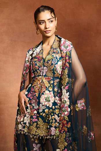 Varun Bahl_Blue Net Halter Neck Floral Patchwork Peplum Top Sharara Set _Online_at_Aza_Fashions