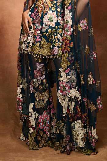 Buy_Varun Bahl_Blue Net Halter Neck Floral Patchwork Peplum Top Sharara Set _Online_at_Aza_Fashions