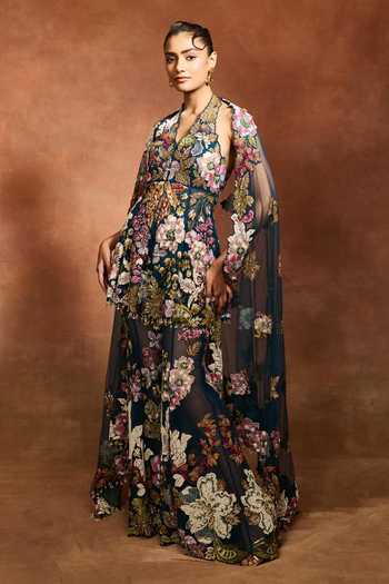 Buy_Varun Bahl_Blue Net Halter Neck Floral Patchwork Peplum Top Sharara Set 