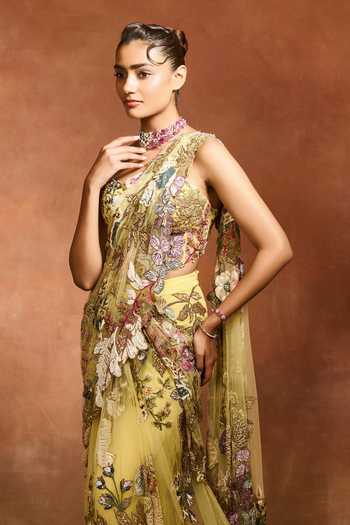 Varun Bahl_Yellow Net One Shoulder Ethereal Bloom Pre-draped Trail Saree With Blouse _Online_at_Aza_Fashions