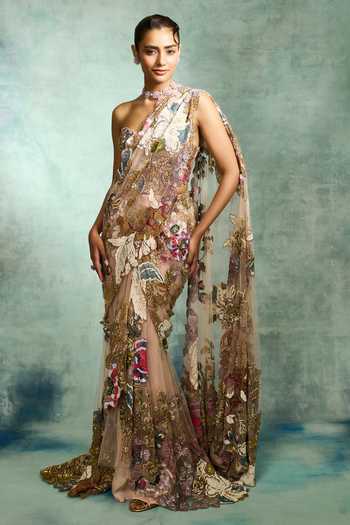 Buy Varun Bahl Peach Net Sweetheart Neck Ethereal Blush Pre-draped Saree With Blouse Buy_Varun Bahl_Peach Net Sweetheart Neck Ethereal Blush Pre-draped Saree With Blouse