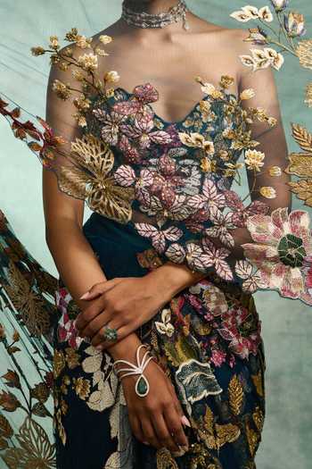 Varun Bahl Blue Net Asymmetric Neck Ethereal Bloom Pre-draped Trail Saree With Blouse Online at Aza Fashions Varun Bahl_Blue Net Asymmetric Neck Ethereal Bloom Pre-draped Trail Saree With Blouse _Online_at_Aza_Fashions