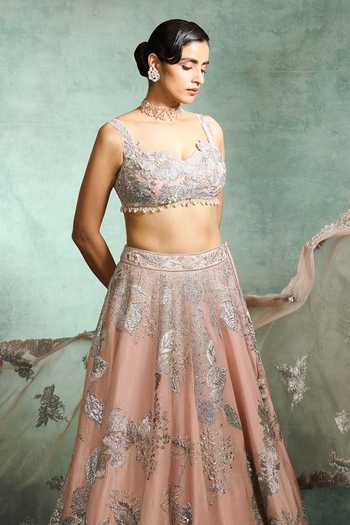Buy_Varun Bahl_Pink Viscose, Tissue Sweetheart Neck Moonlit Bloom Embroidered Lehenga Set _Online_at_Aza_Fashions