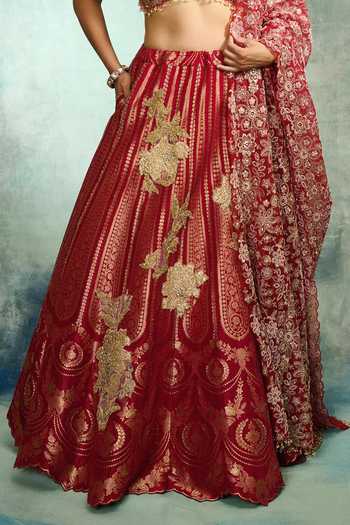 Varun Bahl_Red Net, Brocade V-neck Rose Regal Lehenga Set _Online_at_Aza_Fashions