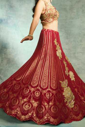 Buy_Varun Bahl_Red Net, Brocade V-neck Rose Regal Lehenga Set _Online_at_Aza_Fashions