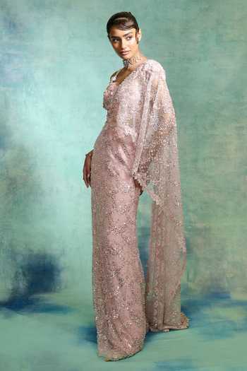 Varun Bahl Pink Net Sweetheart Neck Pearl Embroidered Pre-draped Saree With Blouse Online at Aza Fashions Varun Bahl_Pink Net Sweetheart Neck Pearl Embroidered Pre-draped Saree With Blouse _Online_at_Aza_Fashions