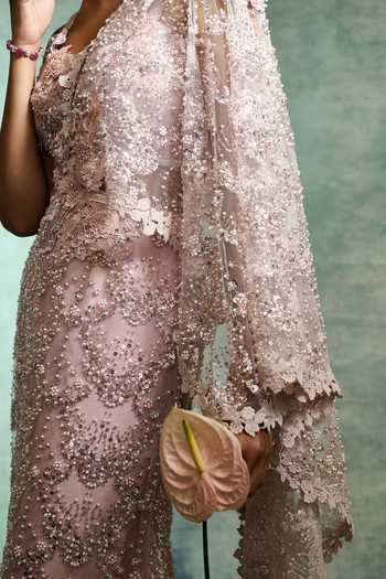 Buy Varun Bahl Pink Net Sweetheart Neck Pearl Embroidered Pre-draped Saree With Blouse Online at Aza Fashions Buy_Varun Bahl_Pink Net Sweetheart Neck Pearl Embroidered Pre-draped Saree With Blouse _Online_at_Aza_Fashions