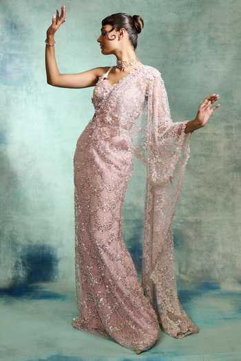 Shop Varun Bahl Pink Net Sweetheart Neck Pearl Embroidered Pre-draped Saree With Blouse Online at Aza Fashions Shop_Varun Bahl_Pink Net Sweetheart Neck Pearl Embroidered Pre-draped Saree With Blouse _Online_at_Aza_Fashions