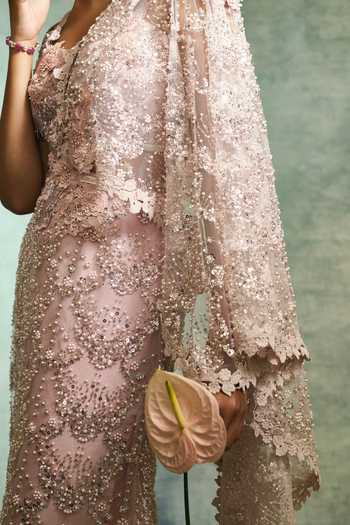Varun Bahl Pink Net Sweetheart Neck Pearl Embroidered Pre-draped Saree With Blouse at Aza Fashions Varun Bahl_Pink Net Sweetheart Neck Pearl Embroidered Pre-draped Saree With Blouse _at_Aza_Fashions