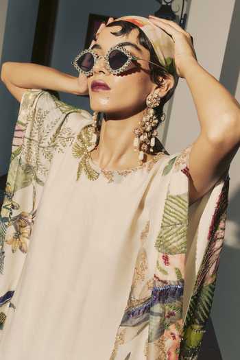 Varun Bahl Ivory Organza Round Neck Tropical Print Kaftan Online at Aza Fashions Varun Bahl_Ivory Organza Round Neck Tropical Print Kaftan _Online_at_Aza_Fashions