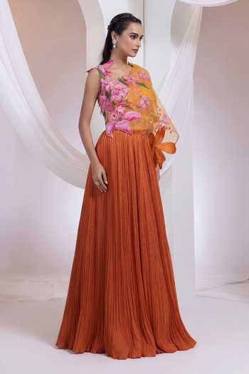 Smriti By Anju Agarwal_Orange Organza, Chinon One Shoulder Sienna Bloom Blouse Lehenga Set _Online_at_Aza_Fashions