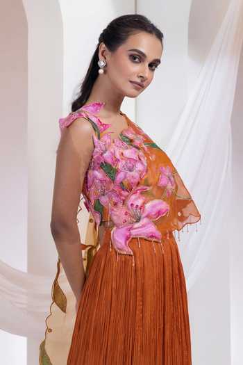 Shop_Smriti By Anju Agarwal_Orange Organza, Chinon One Shoulder Sienna Bloom Blouse Lehenga Set _Online_at_Aza_Fashions