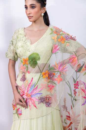 Smriti By Anju Agarwal_Mint Organza, Chinon V-neck Verdant Eclat Blouse Lehenga Set _Online_at_Aza_Fashions