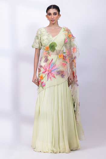 Buy_Smriti By Anju Agarwal_Mint Organza, Chinon V-neck Verdant Eclat Blouse Lehenga Set _Online_at_Aza_Fashions