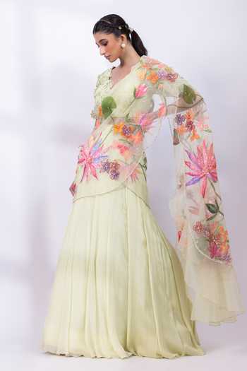 Shop_Smriti By Anju Agarwal_Mint Organza, Chinon V-neck Verdant Eclat Blouse Lehenga Set _Online_at_Aza_Fashions