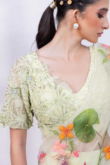 Smriti By Anju Agarwal_Mint Organza, Chinon V-neck Verdant Eclat Blouse Lehenga Set _at_Aza_Fashions