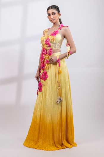 Smriti By Anju Agarwal Pink Organza, Chinon Sweetheart Neck Petal Cascade Pre-draped Saree With Blouse Online at Aza Fashions Smriti By Anju Agarwal_Pink Organza, Chinon Sweetheart Neck Petal Cascade Pre-draped Saree With Blouse _Online_at_Aza_Fashions
