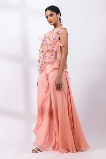 Buy Smriti By Anju Agarwal Pink Organza, Chinon Round Neck Blossom Embroidered Jacket Palazzo Set Online at Aza Fashions Buy_Smriti By Anju Agarwal_Pink Organza, Chinon Round Neck Blossom Embroidered Jacket Palazzo Set _Online_at_Aza_Fashions