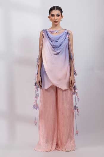 Shop_Smriti By Anju Agarwal_Pink Satin, Modal Cowl Neck, Yes Petal Ombre Draped Kurta Set _Online_at_Aza_Fashions