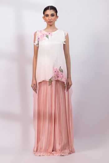 Shop Smriti By Anju Agarwal Pink Chinon Round Neck Rose Mist Floral Applique Tunic With Palazzo Online at Aza Fashions Shop_Smriti By Anju Agarwal_Pink Chinon Round Neck Rose Mist Floral Applique Tunic With Palazzo _Online_at_Aza_Fashions
