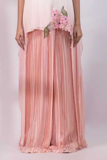 Smriti By Anju Agarwal Pink Chinon Round Neck Rose Mist Floral Applique Tunic With Palazzo at Aza Fashions Smriti By Anju Agarwal_Pink Chinon Round Neck Rose Mist Floral Applique Tunic With Palazzo _at_Aza_Fashions