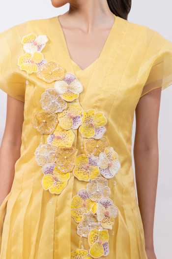 Smriti By Anju Agarwal_Yellow Organza, Chinon V-neck Aurelia Bloom Jumpsuit And Jacket Set _Online_at_Aza_Fashions