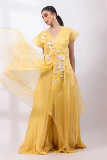 Buy_Smriti By Anju Agarwal_Yellow Organza, Chinon V-neck Aurelia Bloom Jumpsuit And Jacket Set _Online_at_Aza_Fashions