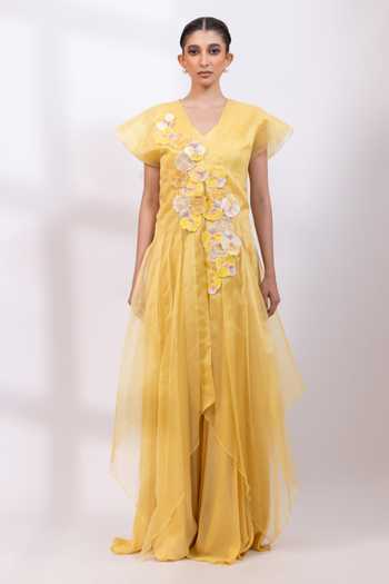 Shop_Smriti By Anju Agarwal_Yellow Organza, Chinon V-neck Aurelia Bloom Jumpsuit And Jacket Set _Online_at_Aza_Fashions