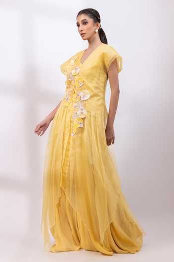 Smriti By Anju Agarwal_Yellow Organza, Chinon V-neck Aurelia Bloom Jumpsuit And Jacket Set _at_Aza_Fashions