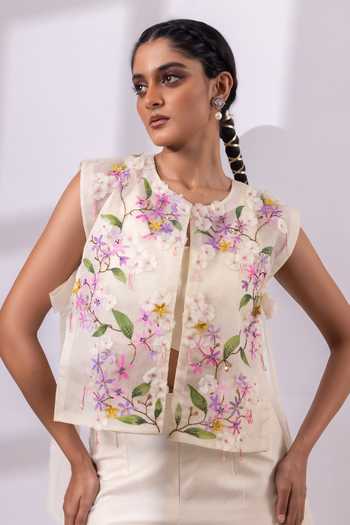 Shop_Smriti By Anju Agarwal_Cream Silk, Organza Round , Keyhole Garden Embroidered Cape Pant Set _Online_at_Aza_Fashions
