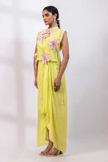 Shop_Smriti By Anju Agarwal_Lime Organza, Chinon Mandarin Collar Citrine Blossom Cape And Dress Set _Online_at_Aza_Fashions