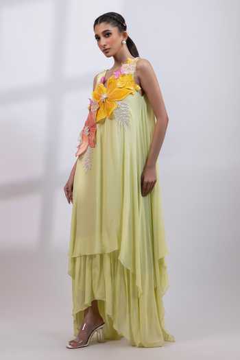 Smriti By Anju Agarwal_Green Chinon V-neck Verdant Petal Hand Painted Dress _Online_at_Aza_Fashions
