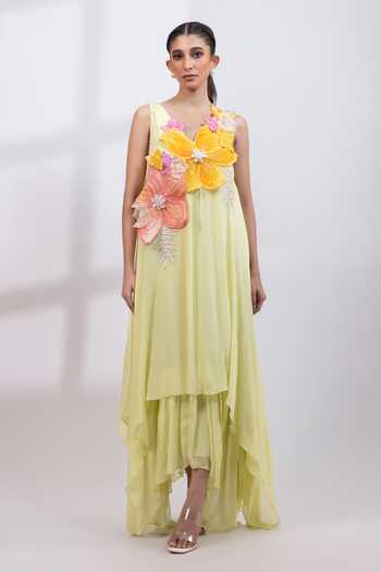 Buy_Smriti By Anju Agarwal_Green Chinon V-neck Verdant Petal Hand Painted Dress _Online_at_Aza_Fashions