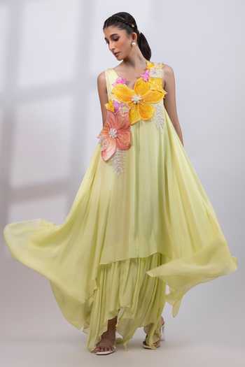 Shop_Smriti By Anju Agarwal_Green Chinon V-neck Verdant Petal Hand Painted Dress _Online_at_Aza_Fashions