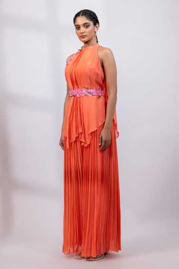 Smriti By Anju Agarwal_Coral Chinon Halter Neck Draped Top Pant Set _Online_at_Aza_Fashions