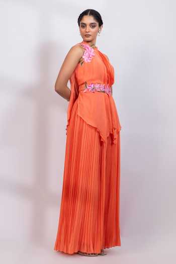 Buy_Smriti By Anju Agarwal_Coral Chinon Halter Neck Draped Top Pant Set _Online_at_Aza_Fashions