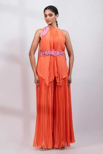Shop_Smriti By Anju Agarwal_Coral Chinon Halter Neck Draped Top Pant Set _Online_at_Aza_Fashions