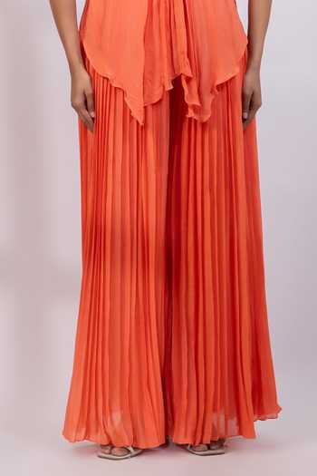 Buy_Smriti By Anju Agarwal_Coral Chinon Halter Neck Draped Top Pant Set 