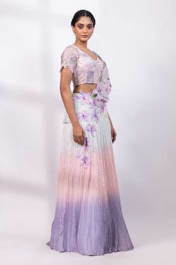Smriti By Anju Agarwal_Pink Organza, Chinon Sweetheart Neck Opal Reverie Ombre Pre-draped Saree Set _Online_at_Aza_Fashions
