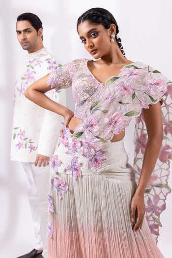 Buy_Smriti By Anju Agarwal_Pink Organza, Chinon Sweetheart Neck Opal Reverie Ombre Pre-draped Saree Set _Online_at_Aza_Fashions