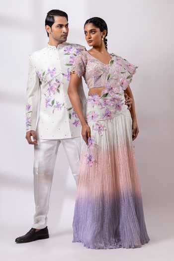 Shop_Smriti By Anju Agarwal_Pink Organza, Chinon Sweetheart Neck Opal Reverie Ombre Pre-draped Saree Set _Online_at_Aza_Fashions