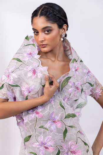 Smriti By Anju Agarwal_Pink Organza, Chinon Sweetheart Neck Opal Reverie Ombre Pre-draped Saree Set _at_Aza_Fashions