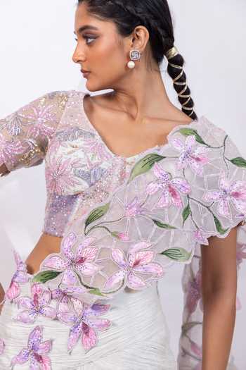 Buy_Smriti By Anju Agarwal_Pink Organza, Chinon Sweetheart Neck Opal Reverie Ombre Pre-draped Saree Set 
