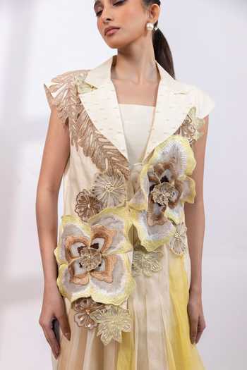 Smriti By Anju Agarwal_Ivory Silk, Organza Square Neck Botanica Elan Blazer Pant Set _Online_at_Aza_Fashions