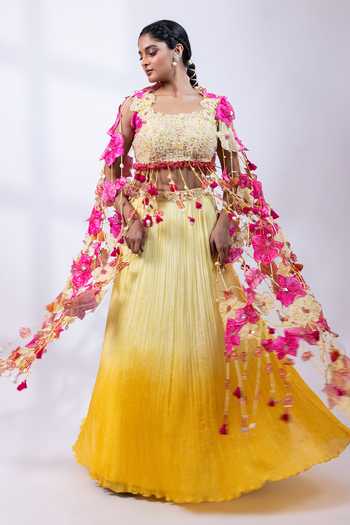 Smriti By Anju Agarwal Yellow Chinon Square Neck Nomade Bloom Lehenga Set Online at Aza Fashions Smriti By Anju Agarwal_Yellow Chinon Square Neck Nomade Bloom Lehenga Set _Online_at_Aza_Fashions