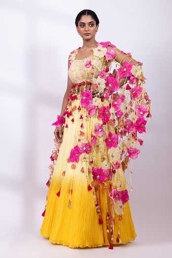 Shop Smriti By Anju Agarwal Yellow Chinon Square Neck Nomade Bloom Lehenga Set Online at Aza Fashions Shop_Smriti By Anju Agarwal_Yellow Chinon Square Neck Nomade Bloom Lehenga Set _Online_at_Aza_Fashions